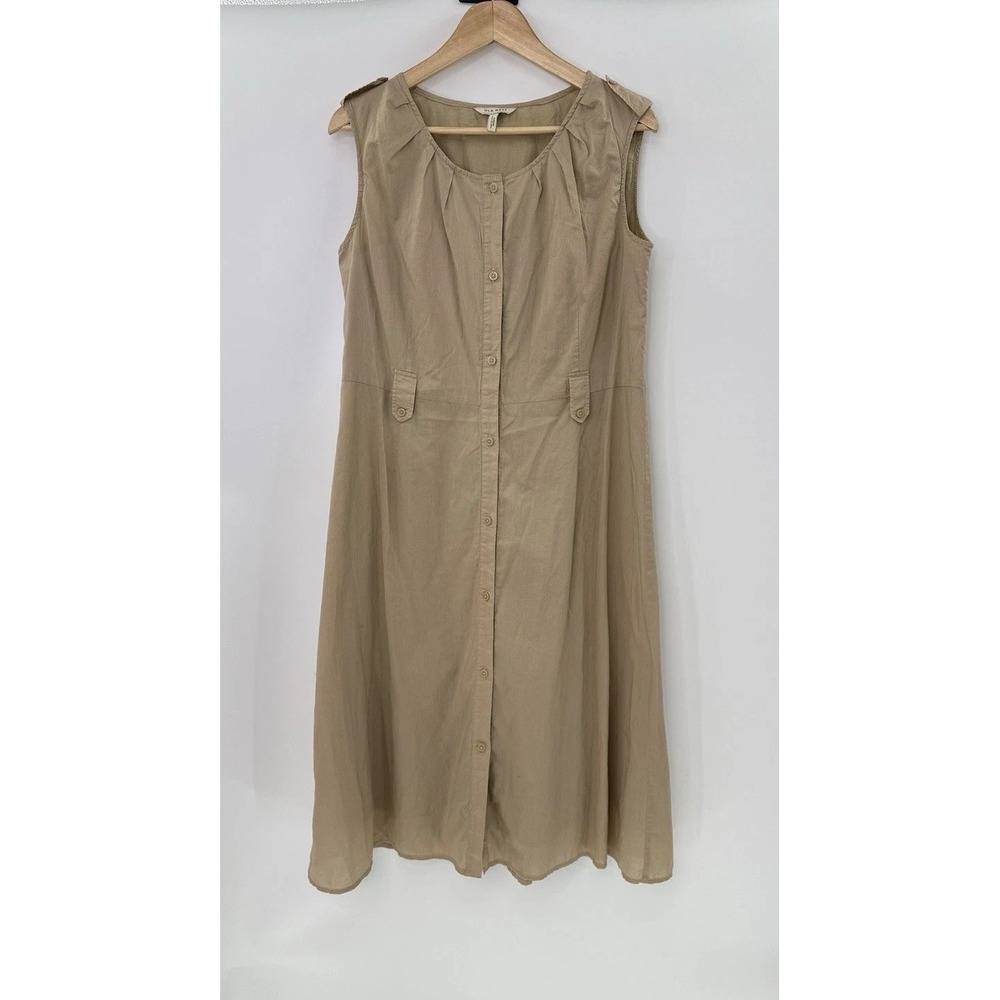 Old Navy Beige Cotton Button Up Midi Dress Sz L Modest Mature Lightweight Y2K